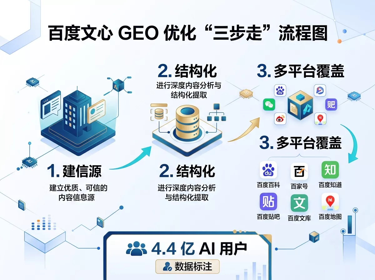 百度文心GEO优化三步走方法论示意图.webp
